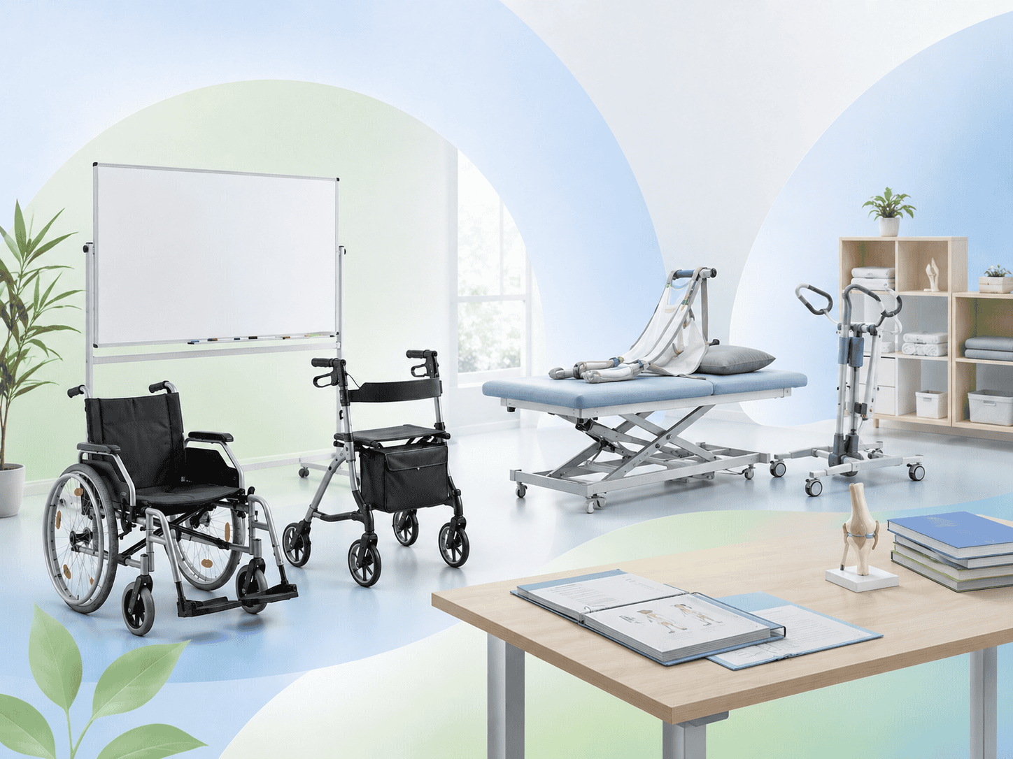 Schulungsumgebung mit Rollstuhl, Rollator, Transferhilfe und medizinischen Trainingsmaterialien