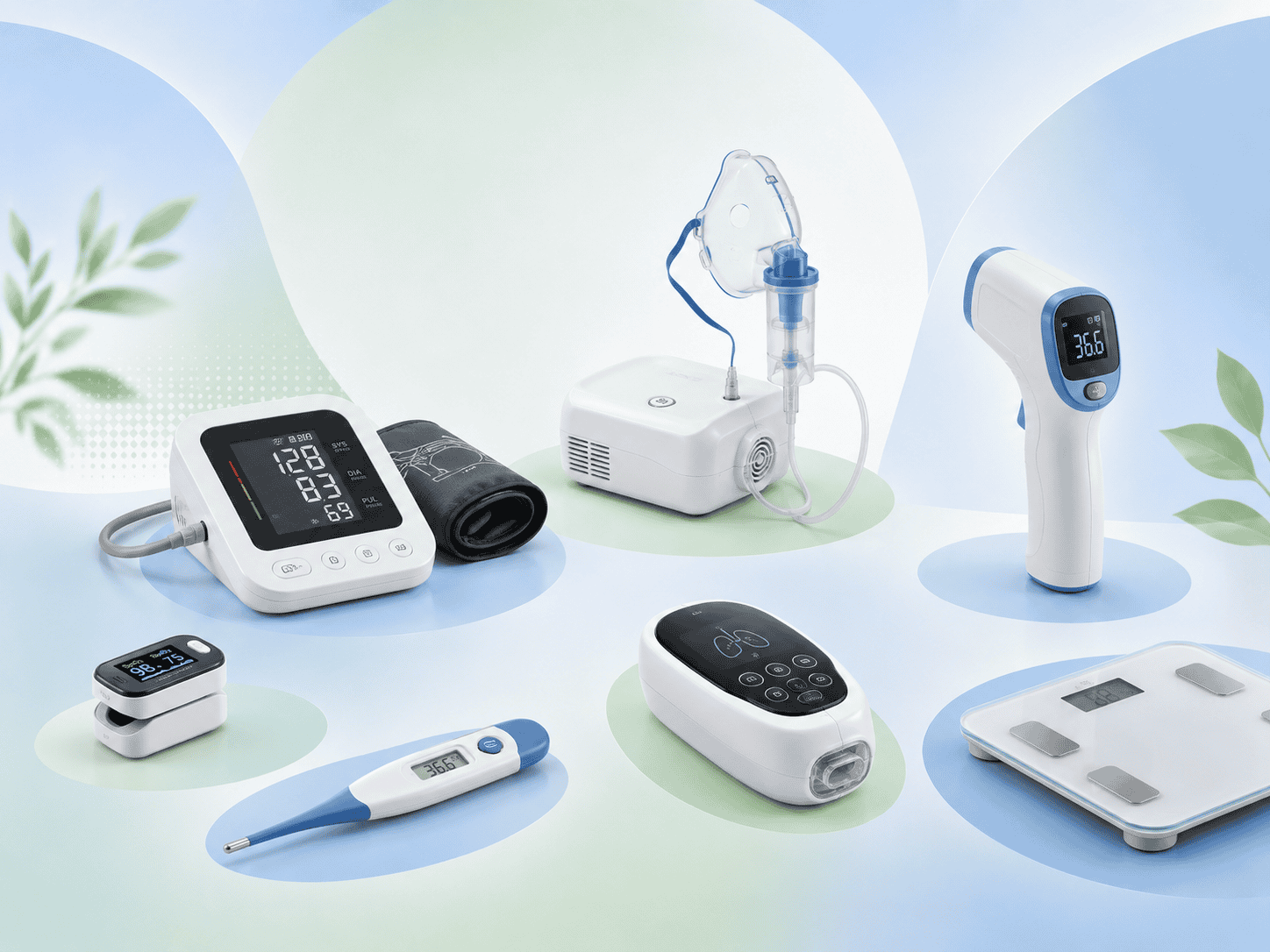 Medizintechnik mit Blutdruckmessgerät, Inhalationsgerät, Thermometer und Pulsoximeter