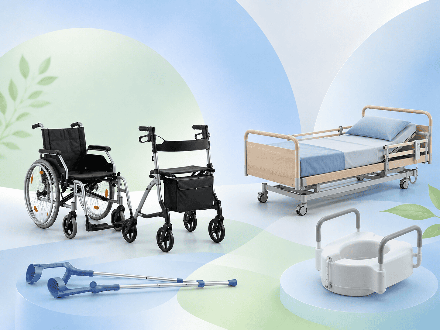 Verleihbare Hilfsmittel wie Rollstuhl, Rollator, Pflegebett, Gehhilfen und Toilettensitzerhöhung
