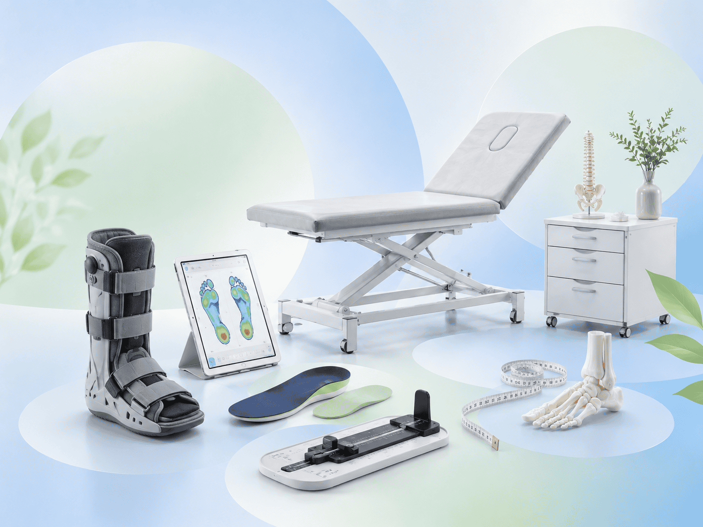 Behandlungsliege, Orthese, Fußdruckmessung und orthopädische Messhilfen für Fachsprechstunden