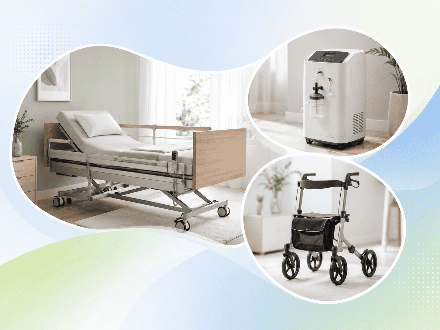 Homecare-Hilfsmittel wie Pflegebett, Sauerstoffgerät und Rollator