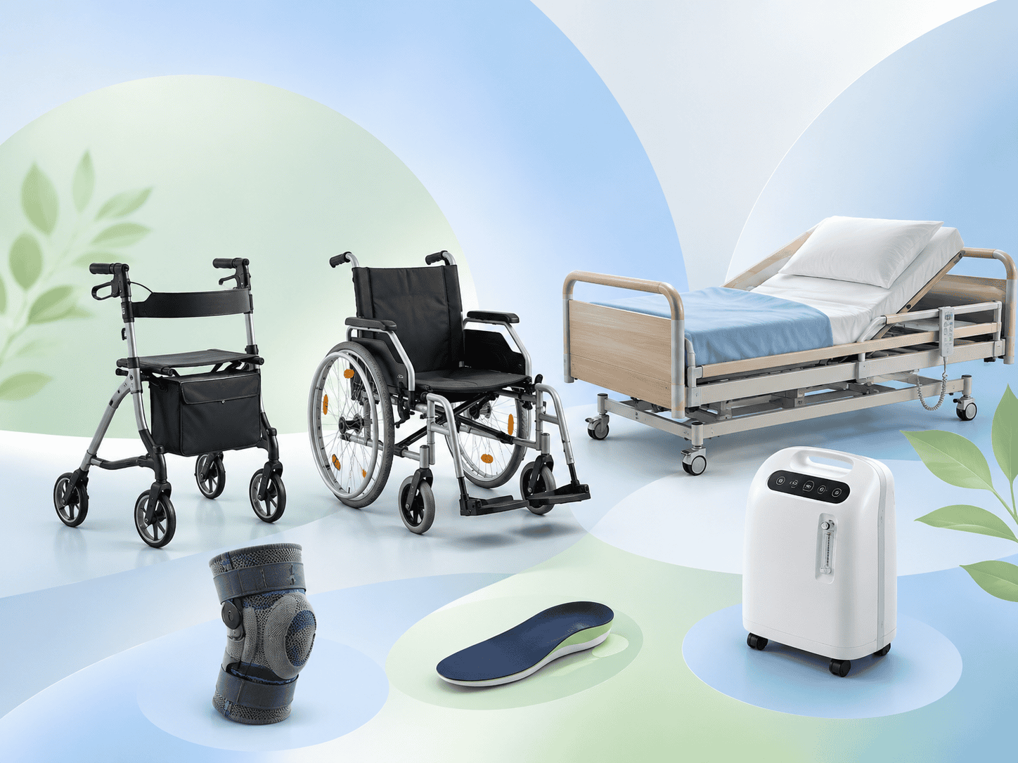 Übersicht verschiedener Hilfsmittel wie Rollator, Rollstuhl, Pflegebett und Orthese