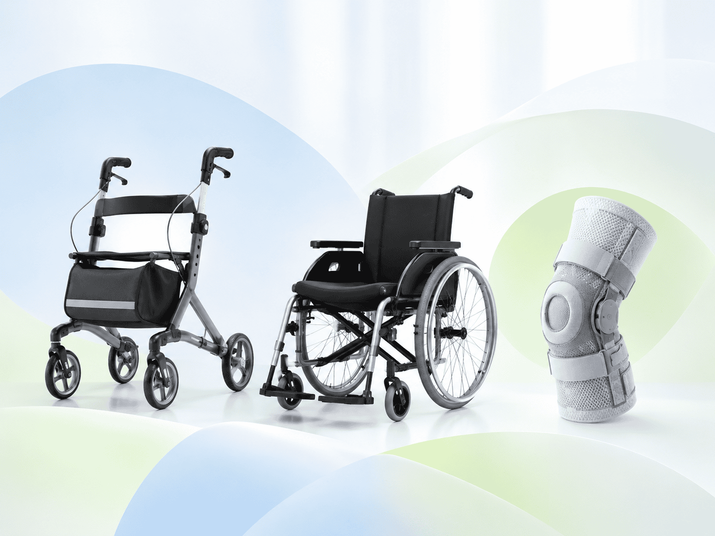 Hilfsmittel aus der Rehatechnik wie Rollator, Rollstuhl und Pflegebett