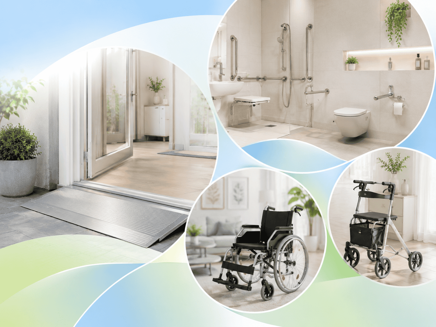 Barrierearmes Wohnumfeld mit Rampe, Haltegriffen, Rollstuhl und Rollator